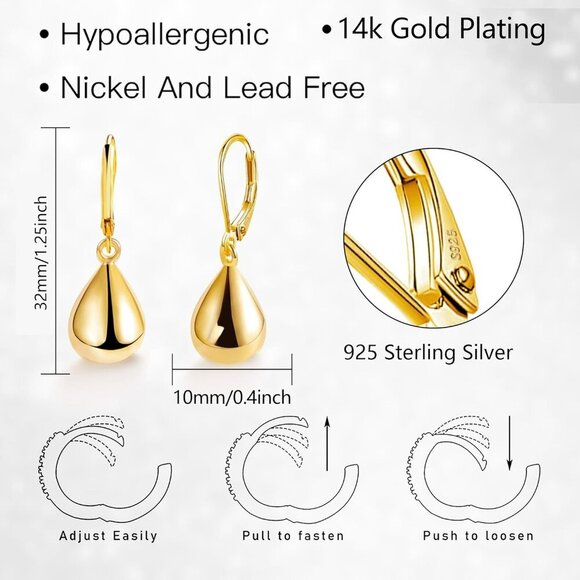 14K Gold Plated Teardrop Drop Dangle Leverback Trendy Earrings for Women Girls - Picture 3 of 7